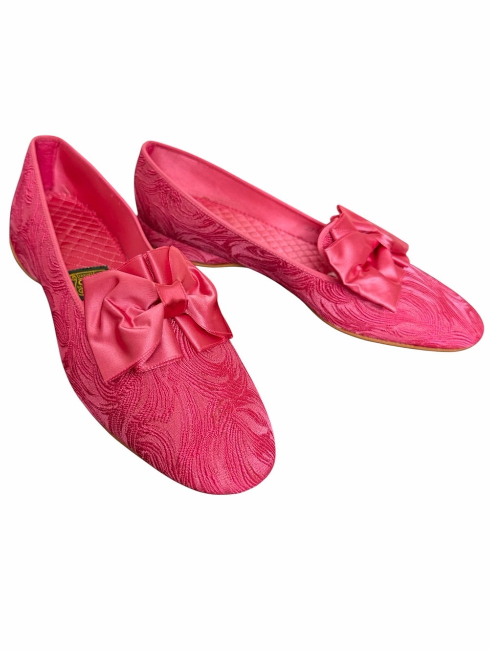 Vintage Daniel Green Pink Satin Brocade Bow Slippers Quilted Comfy 7.5 NWOT